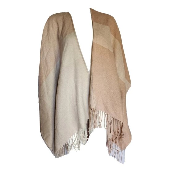 Soia & Kyo Plaid Open Front Shawl Fringe Cardigan Womens One Size Neutral NWT - Picture 1 of 5